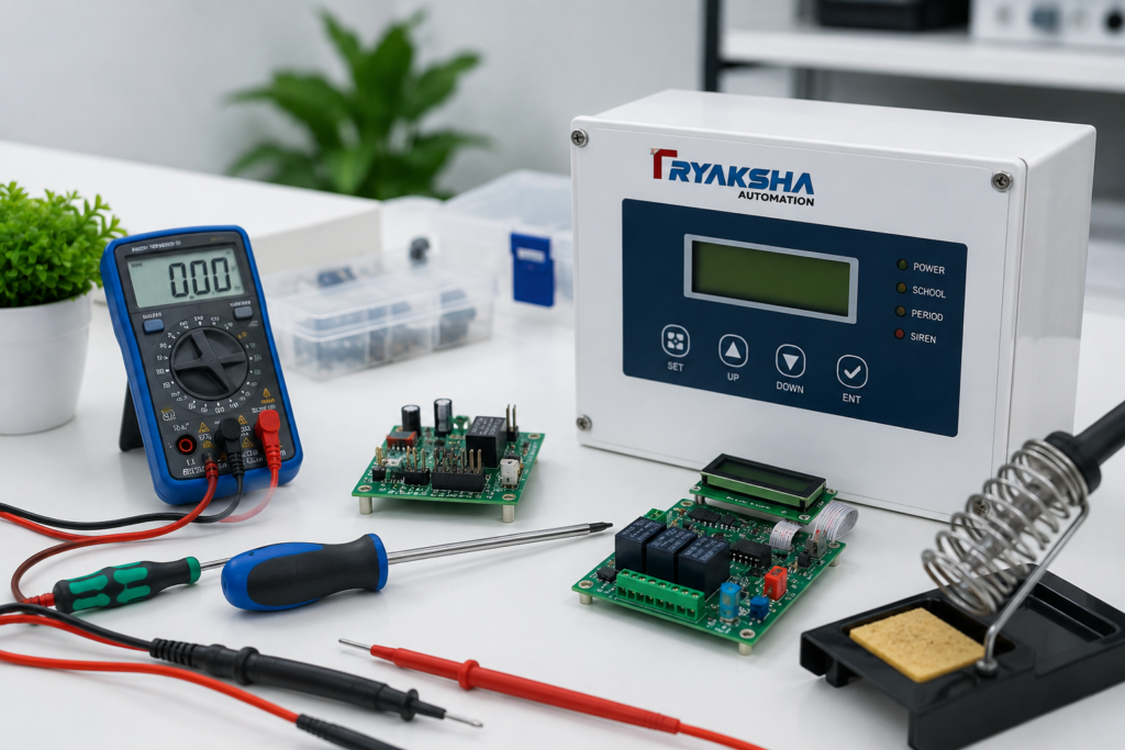 Tryaksha Automation control unit, digital multimeter, circuit boards, and soldering tools on a desk